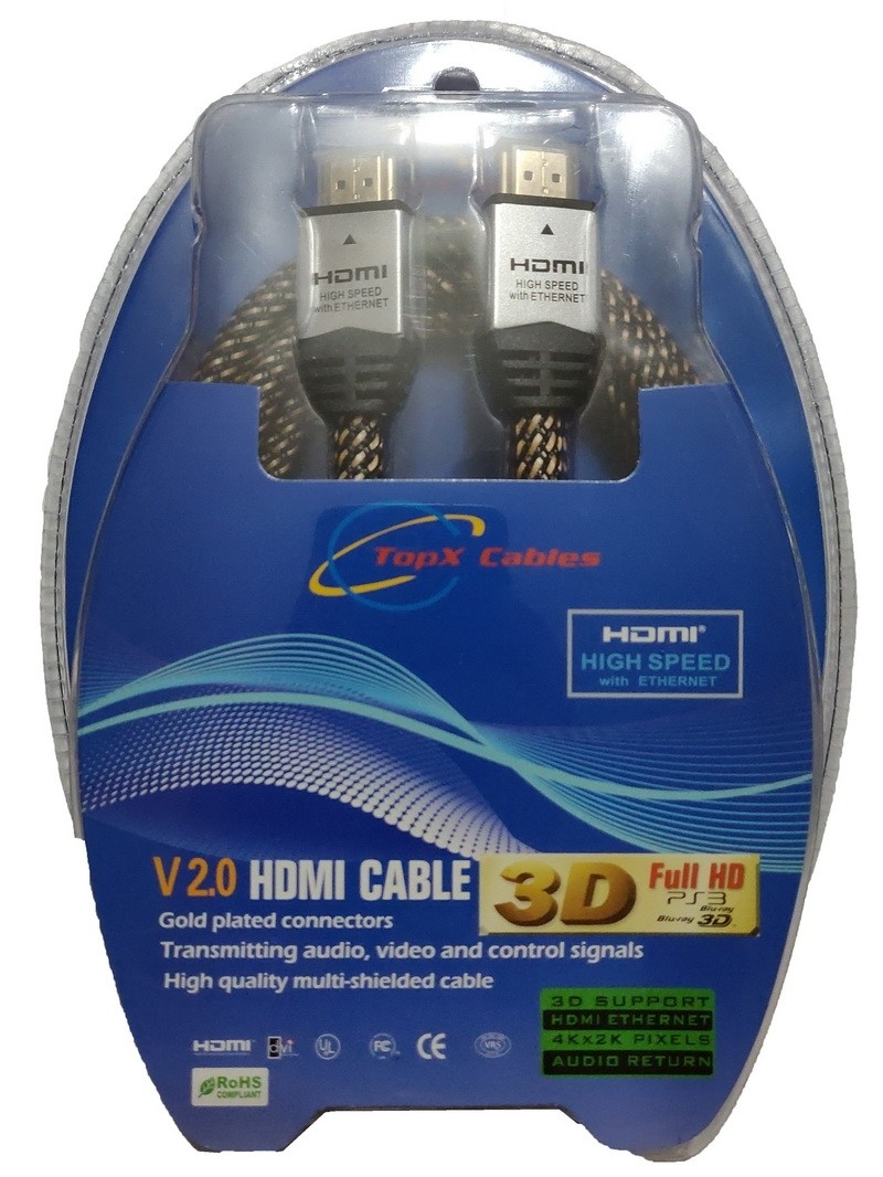 כבל HDMI 2.0 מקצועי באורך 3 מטר, תוצרת TopX, באריזת בליסטר
