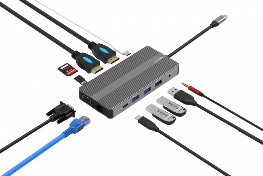 תחנת עגינה USB C למגוון חיבורים כולל 2 יציאות HDMI עם תמיכה ב-MST עד 3 מסכים שונים