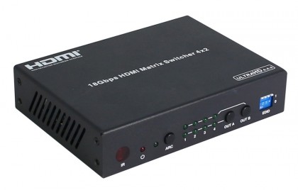 מטריצה HDMI2.0 איכותית עם 4 כניסות ו-2 יציאות, שלט רחוק, הגברה, תמיכה ב-4K@60Hz(4:4:4), HDCP2.2, יציאות אודיו וניהול EDID