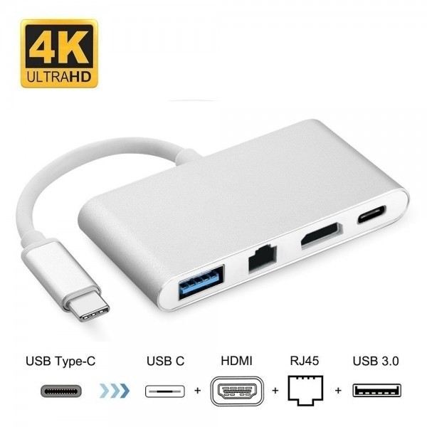 מתאם USB C ל- HDMI 4K + RJ45 LAN + USB3.0 + PD