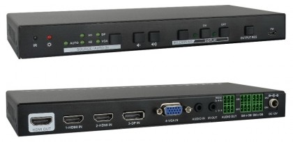 קופסת מיתוג אוטומטית מקצועית לחדר ישיבות עם כניסות 2xHDMI + VGA + DP ויציאת HDMI, עם SCALER ל-4K