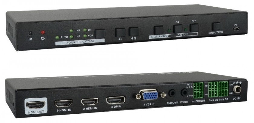 קופסת מיתוג אוטומטית מקצועית לחדר ישיבות עם כניסות 2xHDMI + VGA + DP ויציאת HDMI, עם SCALER ל-4K