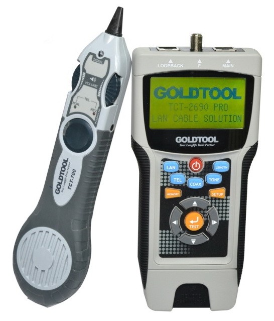 מכשיר בדיקה איכותי עם צג LCD הכולל מגלה קווים + בודק כבלי רשת/טלפוניה/קואקס, תוצרת GOLDTOOL טייוואן