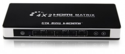 מטריצה HDMI איכותית עם 4 כניסות ו-2 יציאות, שלט רחוק, הגברה, תמיכה ב-4K@30Hz ויציאות אודיו