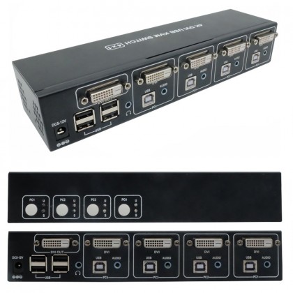 קופסת מיתוג KVM איכותית מ-4 מחשבים לעמדת עבודה אחת 4K DVI + AUDIO + USB