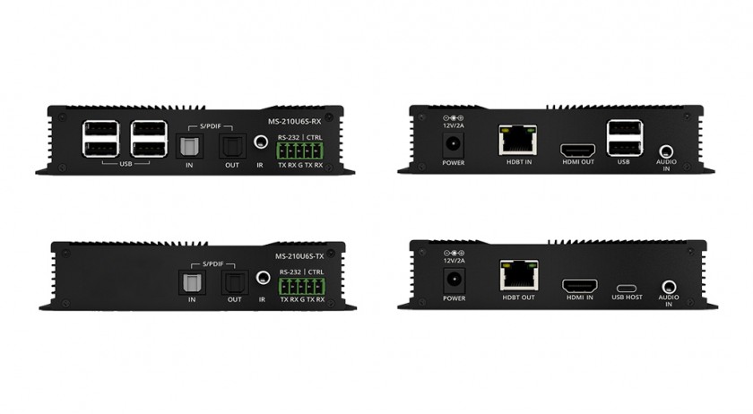 מרחיק HDMI + 6xUSB2.0 + AUDIO בטכנולוגיית HDBaseT על גבי כבל רשת תומך 4K@60HZ עד 40 מטר, כולל אודיו ARC, POC, RS232 ו-IR דו כיווני, מבית MSOLUTIONS
