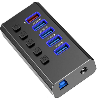 רכזת USB3.0 אלומיניום 5 פורט, מתוכם 1 להטענה, כולל ספק כוח