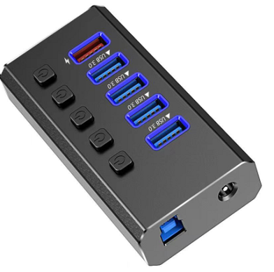 רכזת USB3.0 אלומיניום 5 פורט, מתוכם 1 להטענה מהירה, כולל ספק כוח