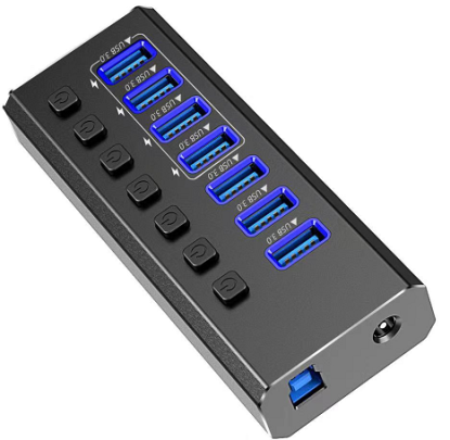 רכזת USB3.0 אלומיניום 7 פורט, מתוכם 4 להטענה, כולל ספק כוח
