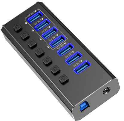 רכזת USB3.0 אלומיניום 7 פורט, מתוכם 4 להטענה מהירה, כולל ספק כוח