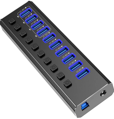 רכזת USB3.0 אלומיניום 10 פורט, מתוכם 4 להטענה, כולל ספק כוח
