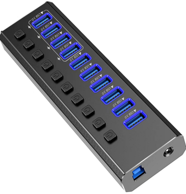 רכזת USB3.0 אלומיניום 10 פורט, מתוכם 4 להטענה מהירה, כולל ספק כוח