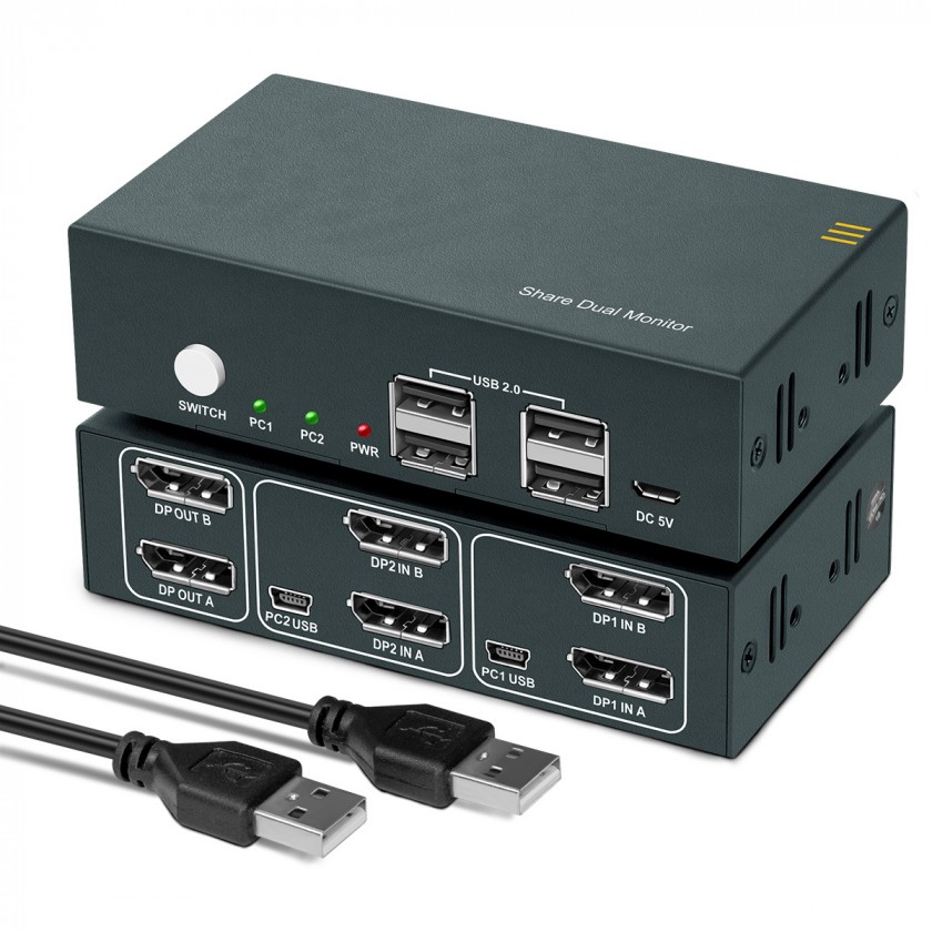 מתג DUAL HEAD KVM 2:1 אוטומטי 2xDISPLAYPORT 4K@60HZ + USB2.0 + ספק + כבלים