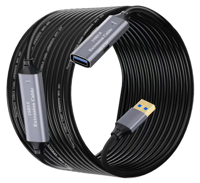 כבל מאריך אקטיבי USB3.2 GEN1 זכר - נקבה מוגבר, 20 מטר + שקע DC