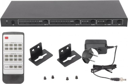 מטריצה HDMI2.0 איכותית עם 4 כניסות ו-2 יציאות, שלט רחוק, הגברה, תמיכה ב-4K@60Hz(4:4:4), HDCP2.2, יציאות אודיו