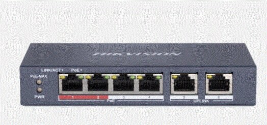 מתג רשת HIKVISION לא מנוהל עם 4 פורטים POE 10/100 + 2 פורטים 10/100 uplink דגם DS-3E0106P-E/M