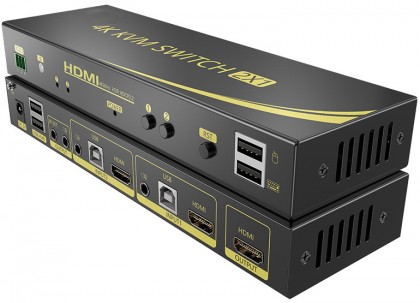 מתג KVM מ-2 מחשבים לעמדת עבודה אחת אוטומטי HDMI 4K@60HZ + USB2.0 + AUDIO עם ספק כוח, שלט רחוק וכבלים