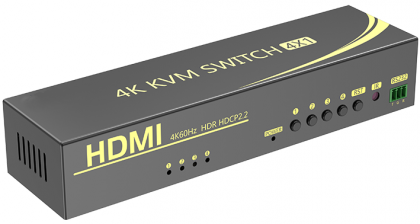 מתג KVM מ-4 מחשבים לעמדת עבודה אחת אוטומטי HDMI 4K@60HZ + USB2.0 + AUDIO עם ספק כוח, שלט רחוק וכבלים
