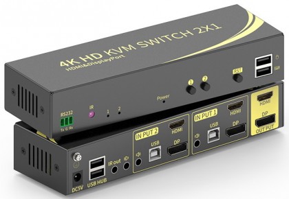 קופסת מיתוג KVM מ-2 מחשבים לעמדת עבודה אחת עם 2 מסכים DP+HDMI 4K@60HZ, עכבר ומקלדת USB, אודיו ואביזרי USB נוספים, כולל כבלים, ספק כוח,שלט רחוק ו-RS232