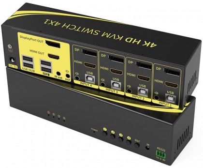 קופסת מיתוג KVM מ-4 מחשבים לעמדת עבודה אחת עם 2 מסכים DP+HDMI 4K@60HZ, עכבר ומקלדת USB, אודיו ואביזרי USB נוספים, כולל כבלים, ספק כוח,שלט רחוק ו-RS232