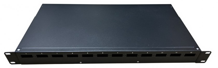 פנל אופטי פרימיום 1U ל-12xSC כפול או 12xLC קוואד, כולל מגש היתוך וברגים למתאמים