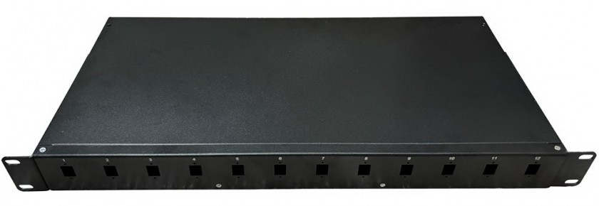 פנל אופטי פרימיום 1U ל-12xSC בודד או 12xLC כפול, כולל מגש היתוך וברגים למתאמים