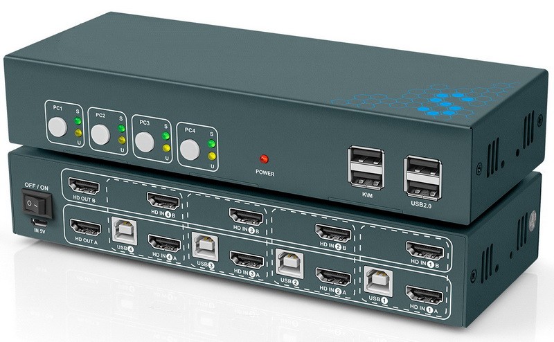 מתג DUAL HEAD KVM 4:1 2xHDMI 4K@60hz + USB2.0 + ספק + כבלים, תומך HOTKEY