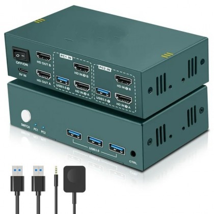 מתג DUAL HEAD KVM 2:1 2xHDMI 4K@60 + USB3.0 + ספק + כבלים + מתג שולחני, ללא HOTKEY