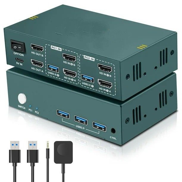 מתג DUAL HEAD KVM 2:1 2xHDMI 4K@60 + USB3.0 + ספק + כבלים + מתג שולחני, ללא HOTKEY