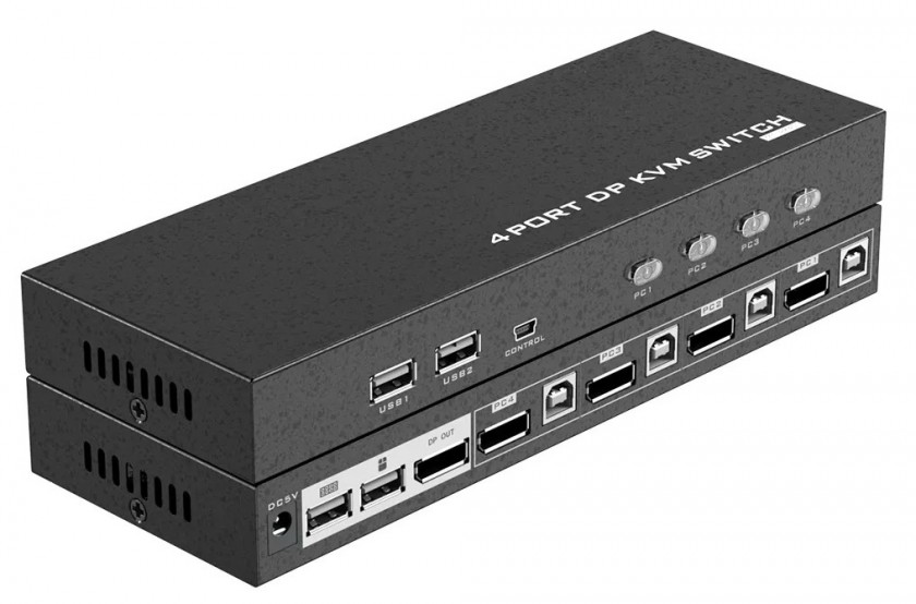 קופסת מיתוג KVM מ-4 מחשבים לעמדת עבודה אחת DISPLAYPORT 4K@60HZ + USB, כולל כבלים, וספק כוח