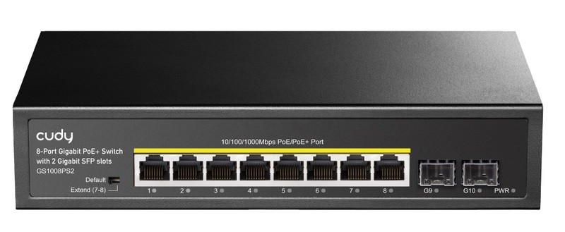 מתג רשת לא מנוהל 10/100/1000 עם 8 פורטים POE ו-2 חיבורי SFP תוצרת CUDY דגם GS1008PS2
