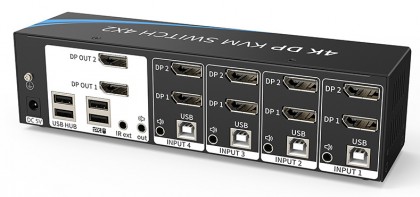 קופסת מיתוג KVM מ-4 מחשבים לעמדת עבודה אחת עם 2 מסכים 2xDISPLAYPORT 4K@60HZ, עכבר ומקלדת USB, אודיו ואביזרי USB נוספים, כולל כבלים, ספק, שלט ו-RS232