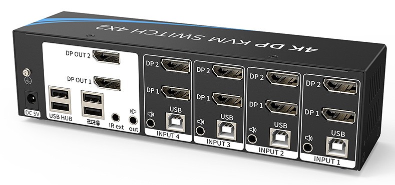 קופסת מיתוג KVM מ-4 מחשבים לעמדת עבודה אחת עם 2 מסכים 2xDISPLAYPORT 4K@60HZ, עכבר ומקלדת USB, אודיו ואביזרי USB נוספים, כולל כבלים, ספק, שלט ו-RS232