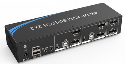 קופסת מיתוג KVM מ-2 מחשבים לעמדת עבודה אחת עם 2 מסכים 2xDISPLAYPORT 4K@60HZ, עכבר ומקלדת USB, אודיו ואביזרי USB נוספים, כולל כבלים, ספק, שלט ו-RS232