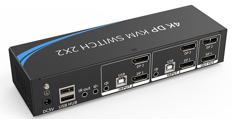 קופסת מיתוג KVM מ-2 מחשבים לעמדת עבודה אחת עם 2 מסכים 2xDISPLAYPORT 4K@60HZ, עכבר ומקלדת USB, אודיו ואביזרי USB נוספים, כולל כבלים, ספק, שלט ו-RS232