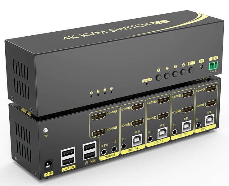 קופסת מיתוג KVM מ-4 מחשבים לעמדת עבודה אחת עם 2 מסכים 2xHDMI 4K@60HZ, עכבר ומקלדת USB, אודיו ואביזרי USB נוספים, כולל כבלים, ספק כוח, שלט רחוק ו-RS232