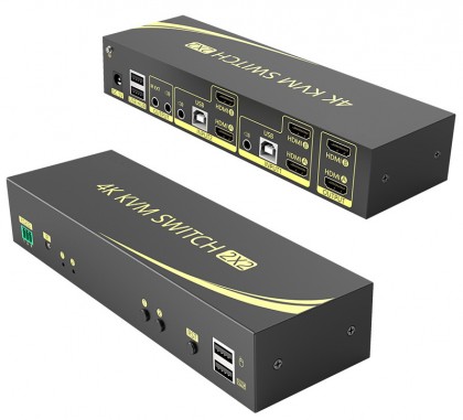 קופסת מיתוג KVM מ-2 מחשבים לעמדת עבודה אחת עם 2 מסכים 2xHDMI 4K@60HZ, עכבר ומקלדת USB, אודיו ואביזרי USB נוספים, כולל כבלים, ספק כוח,שלט רחוק ו-RS232