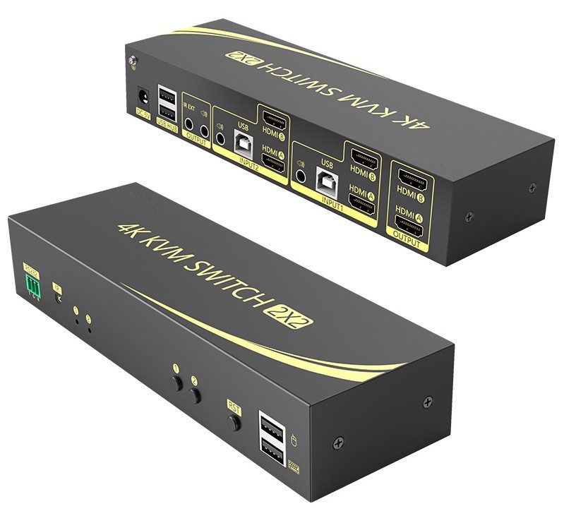 קופסת מיתוג KVM מ-2 מחשבים לעמדת עבודה אחת עם 2 מסכים 2xHDMI 4K@60HZ, עכבר ומקלדת USB, אודיו ואביזרי USB נוספים, כולל כבלים, ספק כוח,שלט רחוק ו-RS232