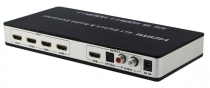 קופסת מיתוג אוטומטית HDMI2.0 עם 4 כניסות, יציאה אחת ויציאות אודיו, שלט רחוק, תומכת 4K@60Hz + HDCP2.2 + החלפה אוטומטית