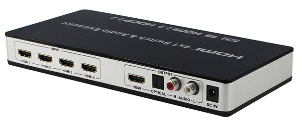 קופסת מיתוג אוטומטית HDMI2.0 עם 4 כניסות, יציאה אחת ויציאות אודיו, שלט רחוק, תומכת 4K@60Hz + HDCP2.2 + החלפה אוטומטית