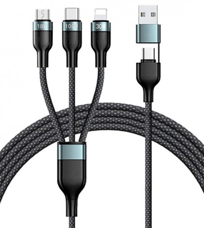 כבל טעינה משולב 3 ב-1 מ-USB C+A ל-LIGHTNING+MICRO+C עד 18W-100W אורך 1.2 מטר