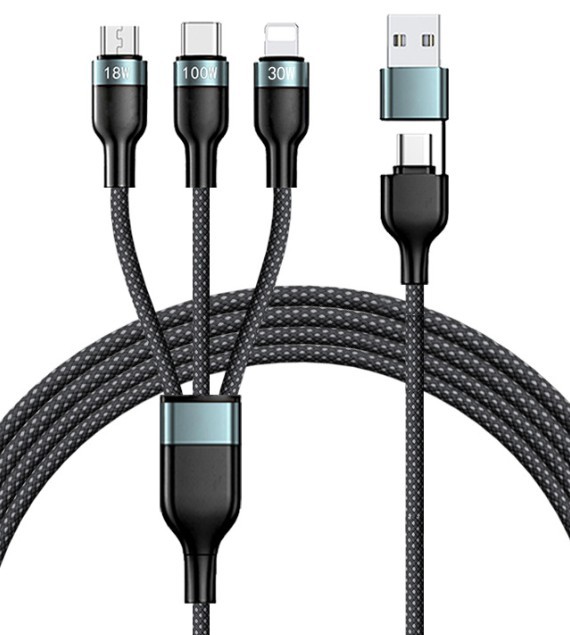כבל טעינה משולב 3 ב-1 מ-USB C+A ל-LIGHTNING+MICRO+C עד 18W-100W אורך 1.2 מטר
