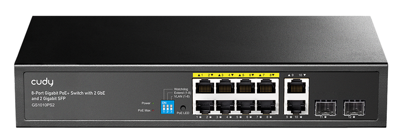 מתג רשת Cudy GS1010PS2 – ‏8 פורטים Gigabit PoE+ + ‏2×Gigabit Uplink + ‏2×SFP | ‏120W