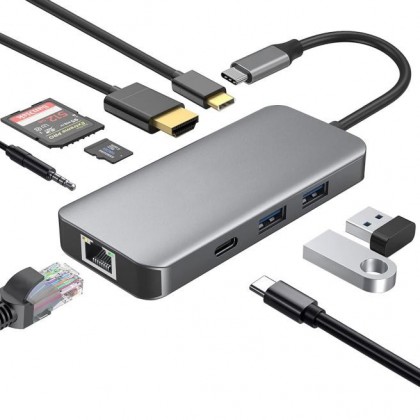 מתאם USB-C ל-‏9 חיבורים HDMI 4K@60Hz, רשת Gigabit, טעינה PD 100W, חיבורי USB וקורא כרטיסים