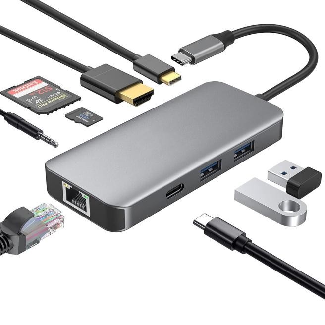 מתאם USB-C ל-‏9 חיבורים HDMI 4K@60Hz, רשת Gigabit, טעינה PD 100W, חיבורי USB וקורא כרטיסים