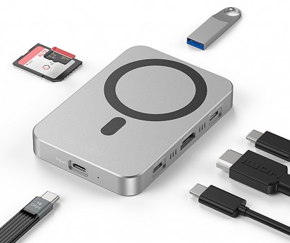 מפצל USB-C מגנטי 8 ב-1 עם מארז SSD M.2 NVMe, חיבור HDMI 4K@60Hz, מהירות 10Gbps וטעינה PD 100W